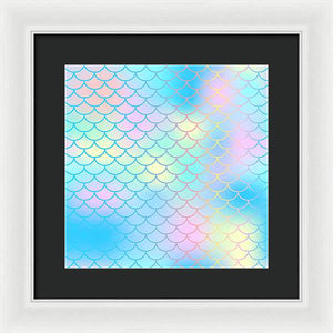 Magic mermaid tail background. Colorful seamless pattern with fish scale net. Blue pink mermaid skin surface. - Framed Print