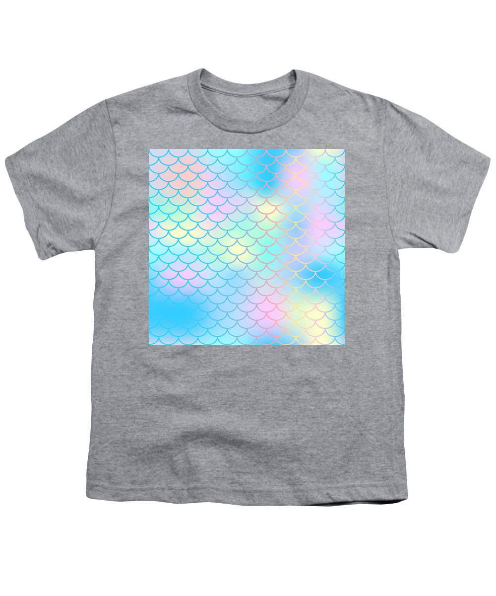 Magic mermaid tail background. Colorful seamless pattern with fish scale net. Blue pink mermaid skin surface. - Youth T-Shirt