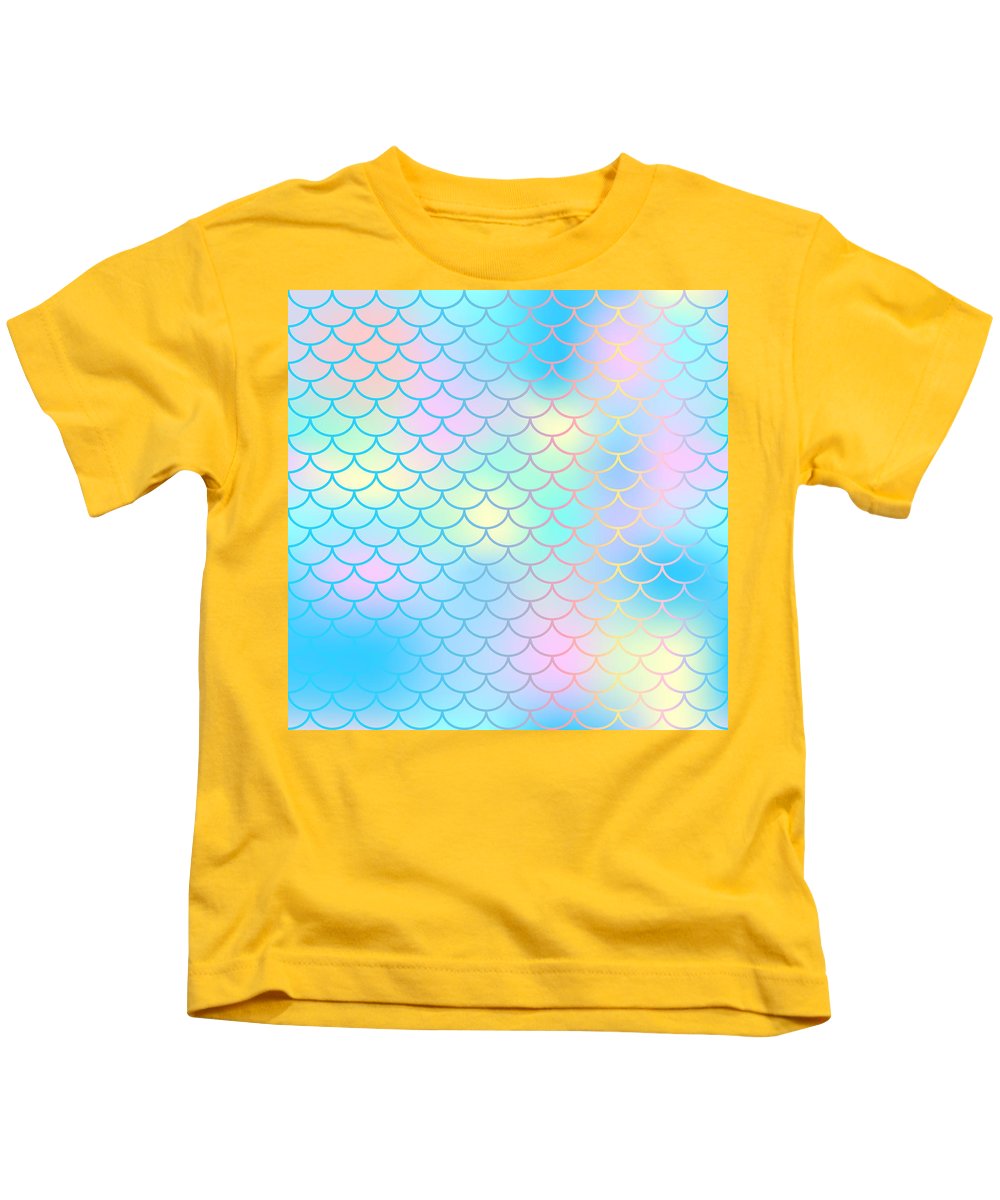 Magic mermaid tail background. Colorful seamless pattern with fish scale net. Blue pink mermaid skin surface. - Kids T-Shirt