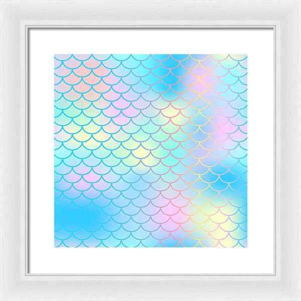 Magic mermaid tail background. Colorful seamless pattern with fish scale net. Blue pink mermaid skin surface. - Framed Print