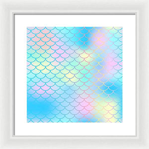 Magic mermaid tail background. Colorful seamless pattern with fish scale net. Blue pink mermaid skin surface. - Framed Print