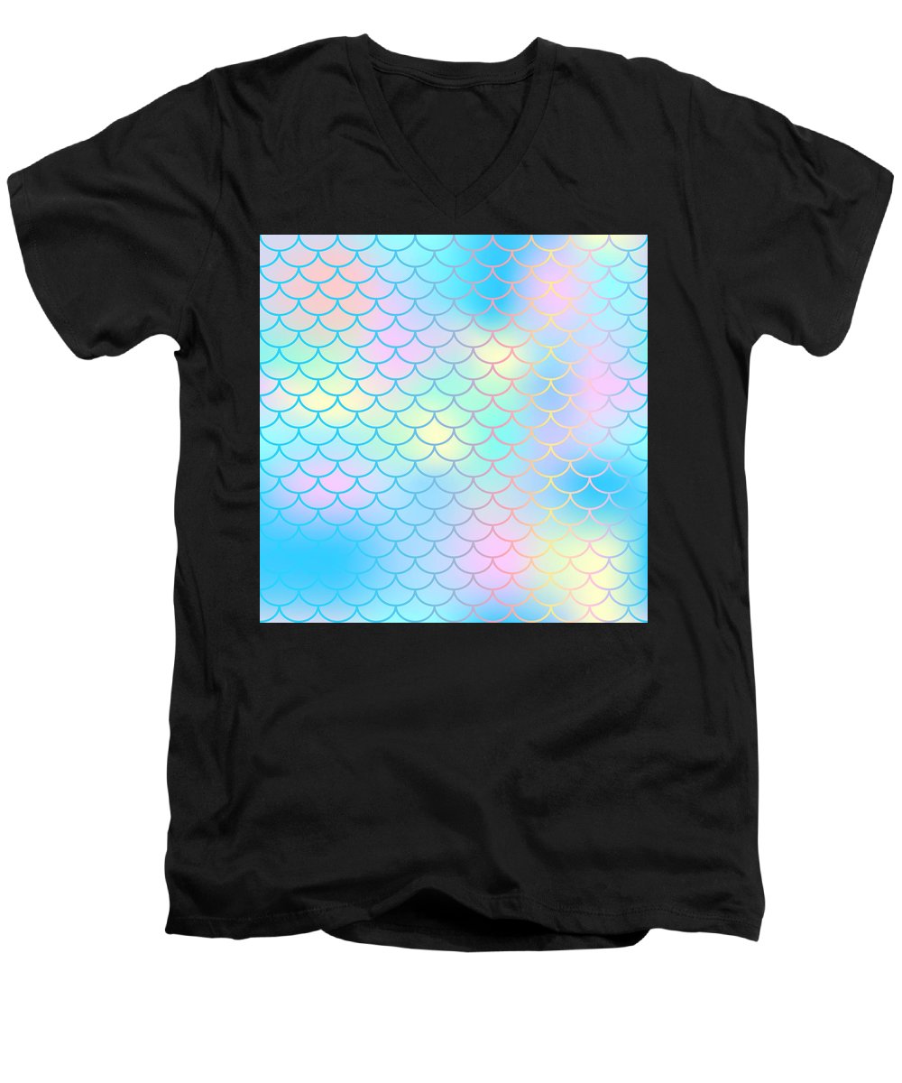 Magic mermaid tail background. Colorful seamless pattern with fish scale net. Blue pink mermaid skin surface. - Men's V-Neck T-Shirt
