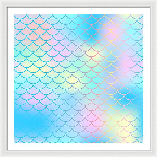 Magic mermaid tail background. Colorful seamless pattern with fish scale net. Blue pink mermaid skin surface. - Framed Print