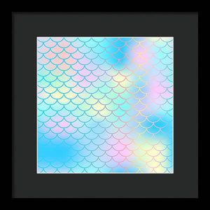 Magic mermaid tail background. Colorful seamless pattern with fish scale net. Blue pink mermaid skin surface. - Framed Print