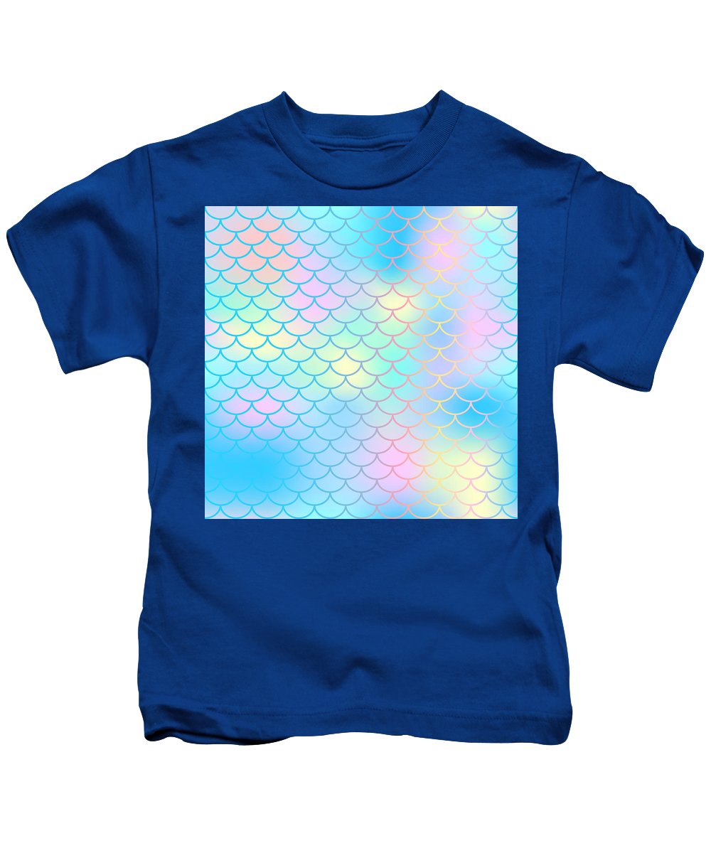 Magic mermaid tail background. Colorful seamless pattern with fish scale net. Blue pink mermaid skin surface. - Kids T-Shirt