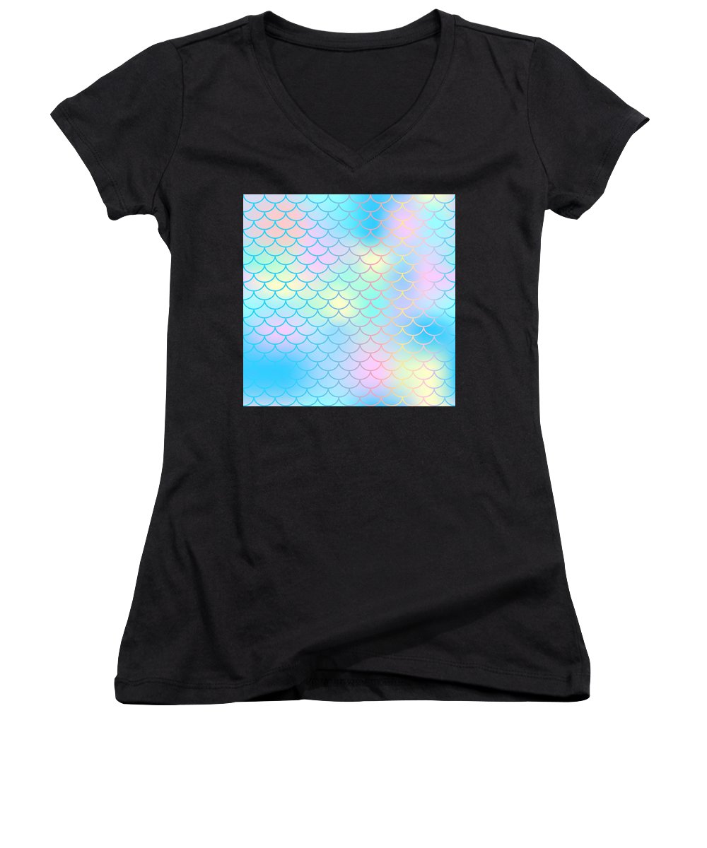 Magic mermaid tail background. Colorful seamless pattern with fish scale net. Blue pink mermaid skin surface. - Women's V-Neck