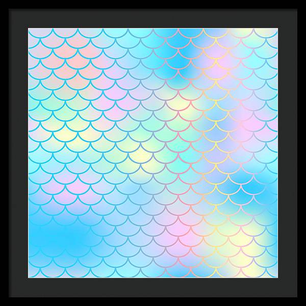 Magic mermaid tail background. Colorful seamless pattern with fish scale net. Blue pink mermaid skin surface. - Framed Print