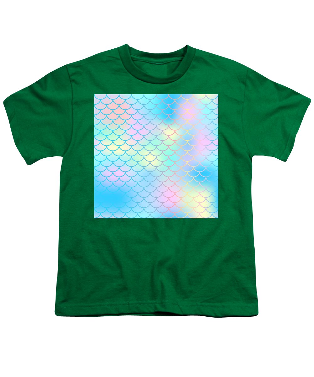 Magic mermaid tail background. Colorful seamless pattern with fish scale net. Blue pink mermaid skin surface. - Youth T-Shirt