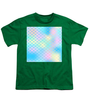 Magic mermaid tail background. Colorful seamless pattern with fish scale net. Blue pink mermaid skin surface. - Youth T-Shirt