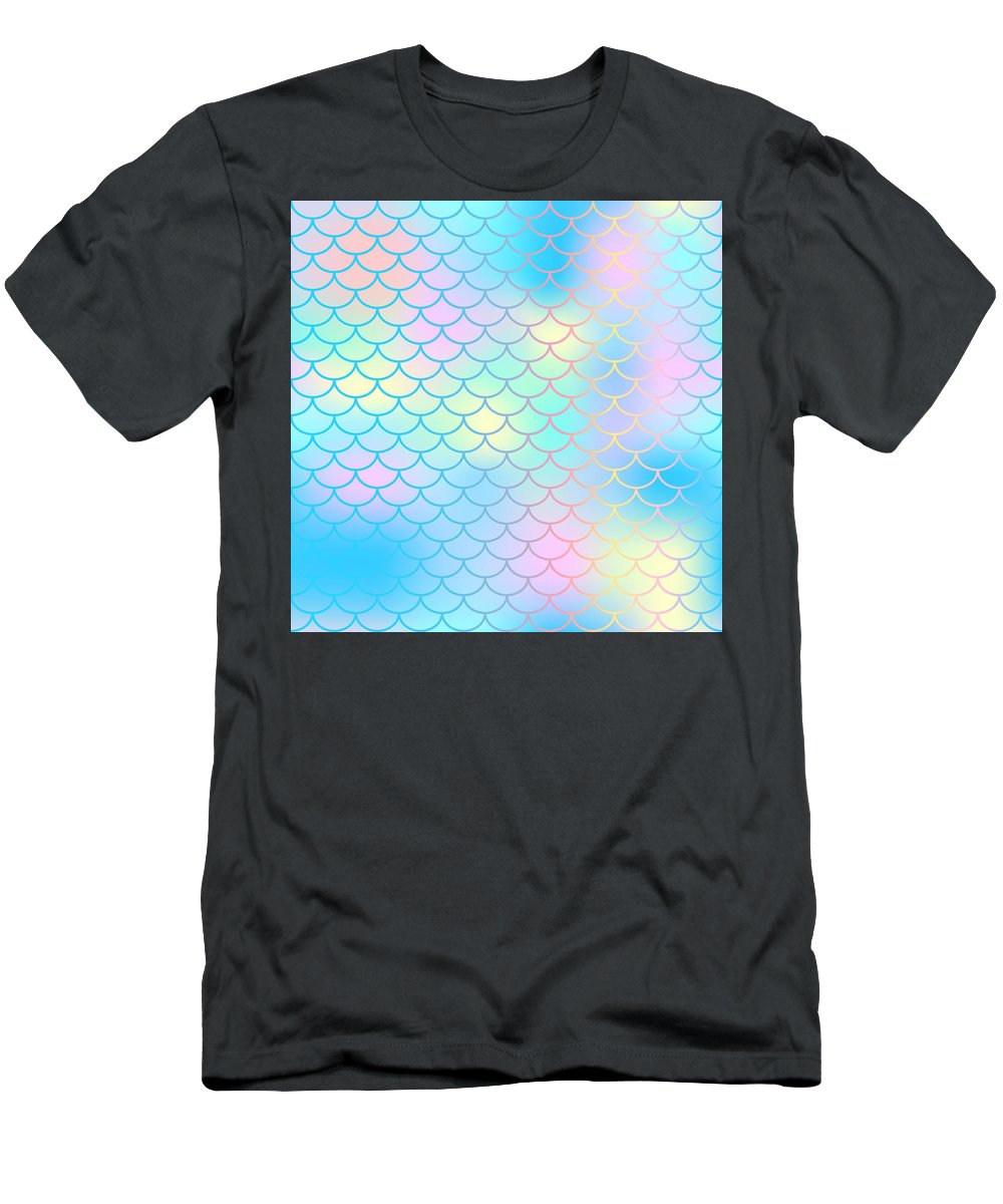 Magic mermaid tail background. Colorful seamless pattern with fish scale net. Blue pink mermaid skin surface. - T-Shirt