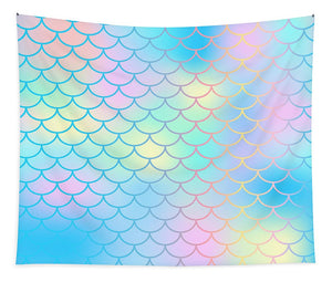 Magic mermaid tail background. Colorful seamless pattern with fish scale net. Blue pink mermaid skin surface. - Tapestry