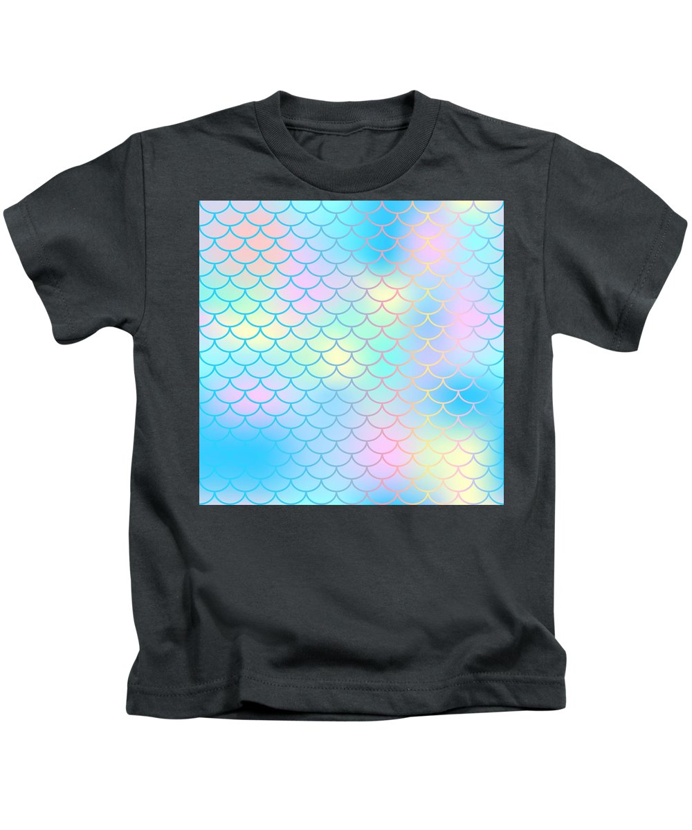 Magic mermaid tail background. Colorful seamless pattern with fish scale net. Blue pink mermaid skin surface. - Kids T-Shirt