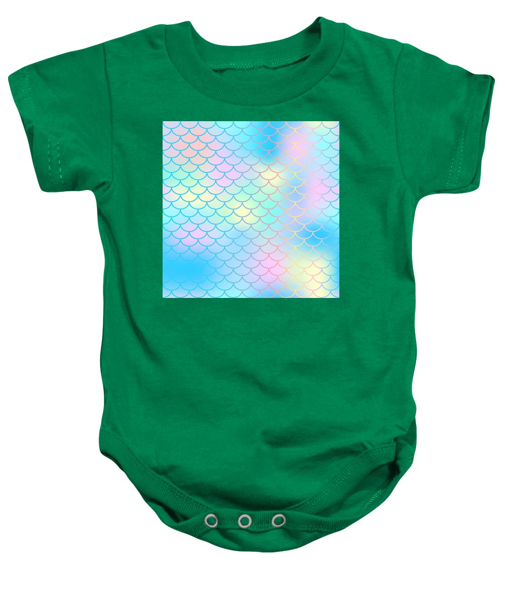 Magic mermaid tail background. Colorful seamless pattern with fish scale net. Blue pink mermaid skin surface. - Baby Onesie