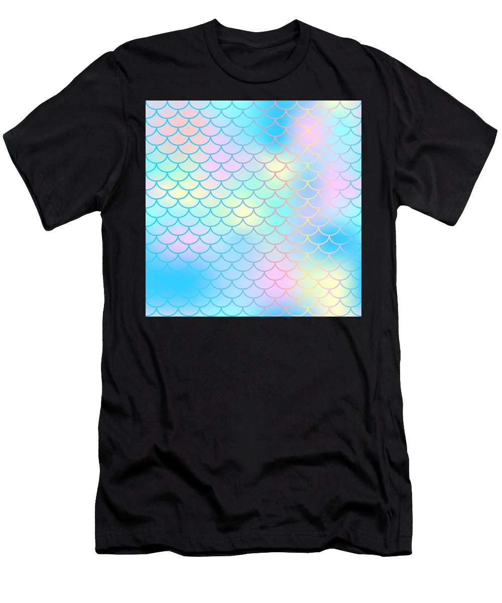 Magic mermaid tail background. Colorful seamless pattern with fish scale net. Blue pink mermaid skin surface. - T-Shirt