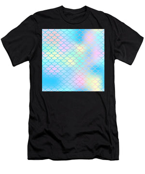 Magic mermaid tail background. Colorful seamless pattern with fish scale net. Blue pink mermaid skin surface. - T-Shirt