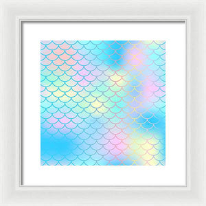 Magic mermaid tail background. Colorful seamless pattern with fish scale net. Blue pink mermaid skin surface. - Framed Print