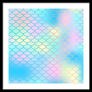 Magic mermaid tail background. Colorful seamless pattern with fish scale net. Blue pink mermaid skin surface. - Framed Print