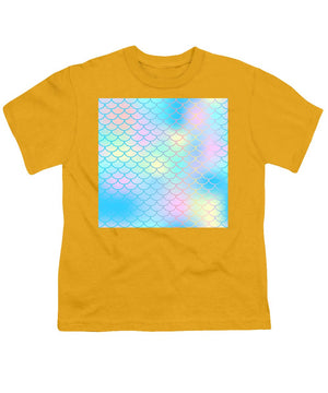 Magic mermaid tail background. Colorful seamless pattern with fish scale net. Blue pink mermaid skin surface. - Youth T-Shirt
