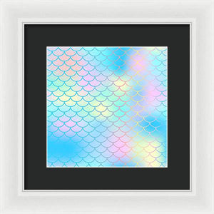 Magic mermaid tail background. Colorful seamless pattern with fish scale net. Blue pink mermaid skin surface. - Framed Print