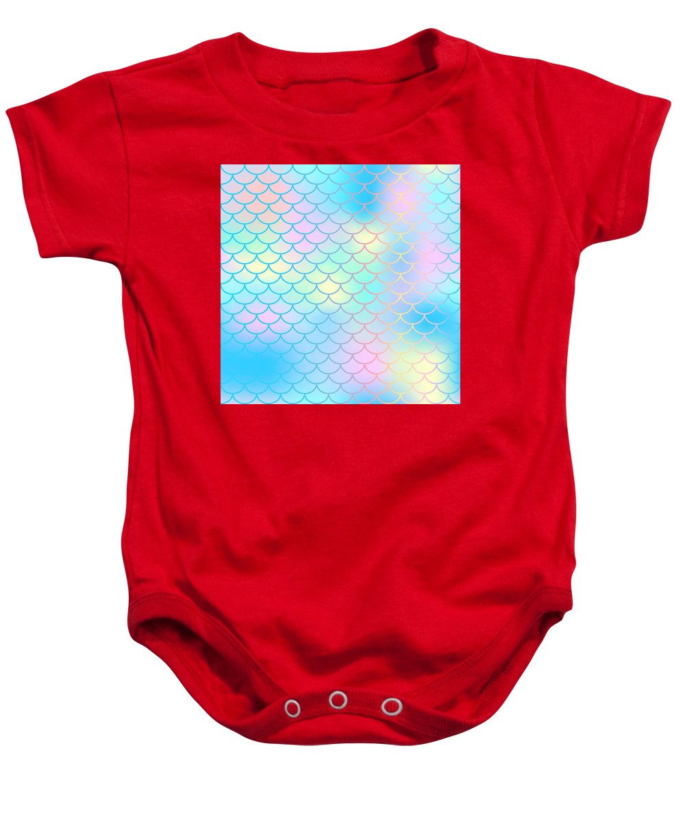Magic mermaid tail background. Colorful seamless pattern with fish scale net. Blue pink mermaid skin surface. - Baby Onesie