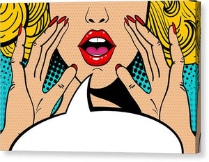 Sexy surprised blonde pop art woman with open mouth and rising hands screaming announcement. Vector background in comic retro pop art style. Party invitation. - Canvas Print