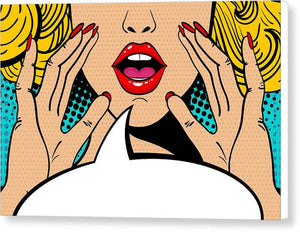 Sexy surprised blonde pop art woman with open mouth and rising hands screaming announcement. Vector background in comic retro pop art style. Party invitation. - Canvas Print