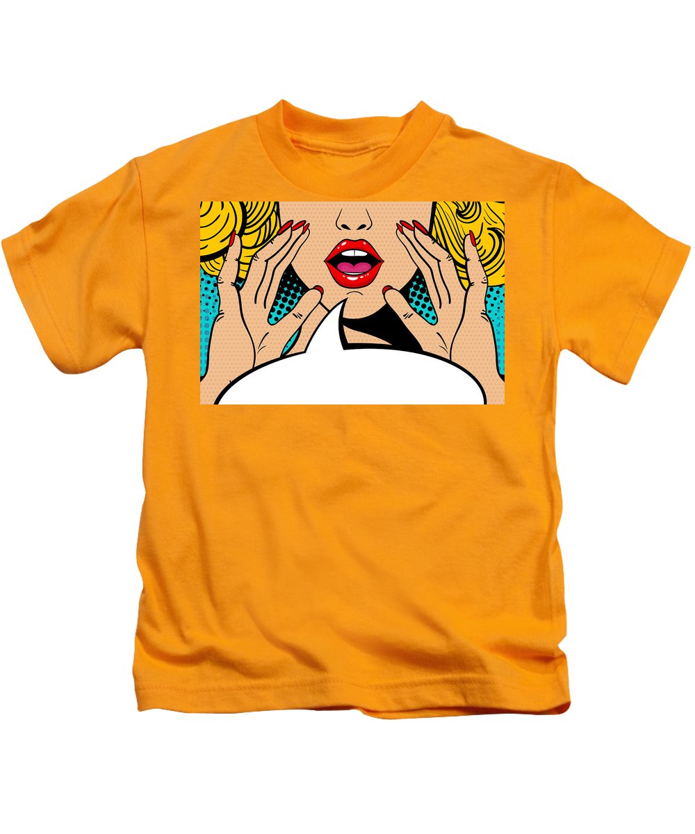 Sexy surprised blonde pop art woman with open mouth and rising hands screaming announcement. Vector background in comic retro pop art style. Party invitation. - Kids T-Shirt
