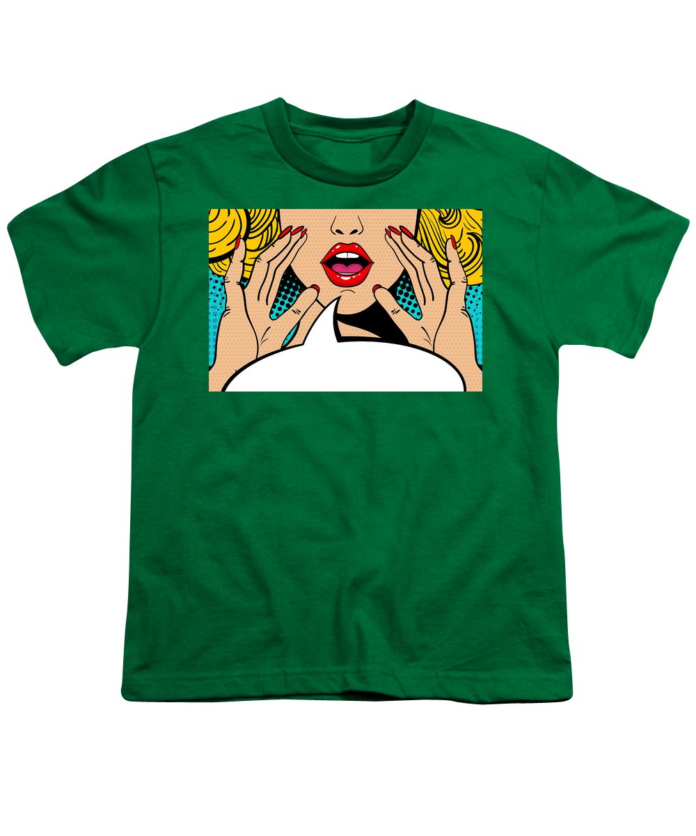 Sexy surprised blonde pop art woman with open mouth and rising hands screaming announcement. Vector background in comic retro pop art style. Party invitation. - Youth T-Shirt