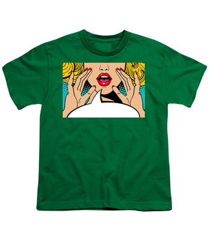 Sexy surprised blonde pop art woman with open mouth and rising hands screaming announcement. Vector background in comic retro pop art style. Party invitation. - Youth T-Shirt