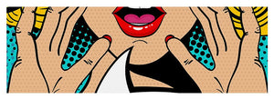 Sexy surprised blonde pop art woman with open mouth and rising hands screaming announcement. Vector background in comic retro pop art style. Party invitation. - Yoga Mat