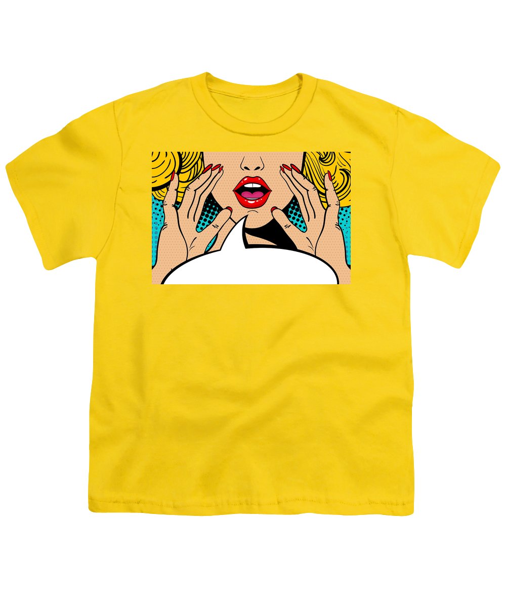 Sexy surprised blonde pop art woman with open mouth and rising hands screaming announcement. Vector background in comic retro pop art style. Party invitation. - Youth T-Shirt
