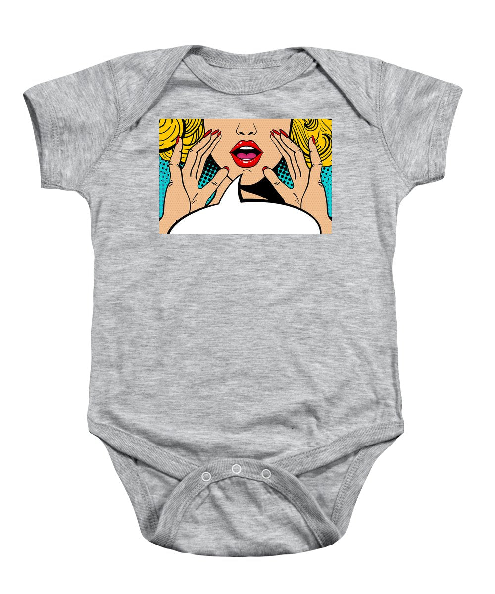 Sexy surprised blonde pop art woman with open mouth and rising hands screaming announcement. Vector background in comic retro pop art style. Party invitation. - Baby Onesie