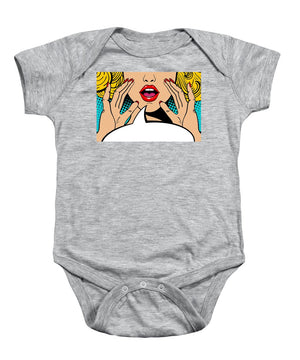 Sexy surprised blonde pop art woman with open mouth and rising hands screaming announcement. Vector background in comic retro pop art style. Party invitation. - Baby Onesie