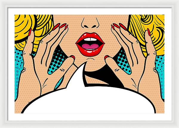 Sexy surprised blonde pop art woman with open mouth and rising hands screaming announcement. Vector background in comic retro pop art style. Party invitation. - Framed Print