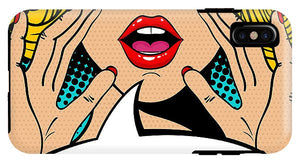 Sexy surprised blonde pop art woman with open mouth and rising hands screaming announcement. Vector background in comic retro pop art style. Party invitation. - Phone Case
