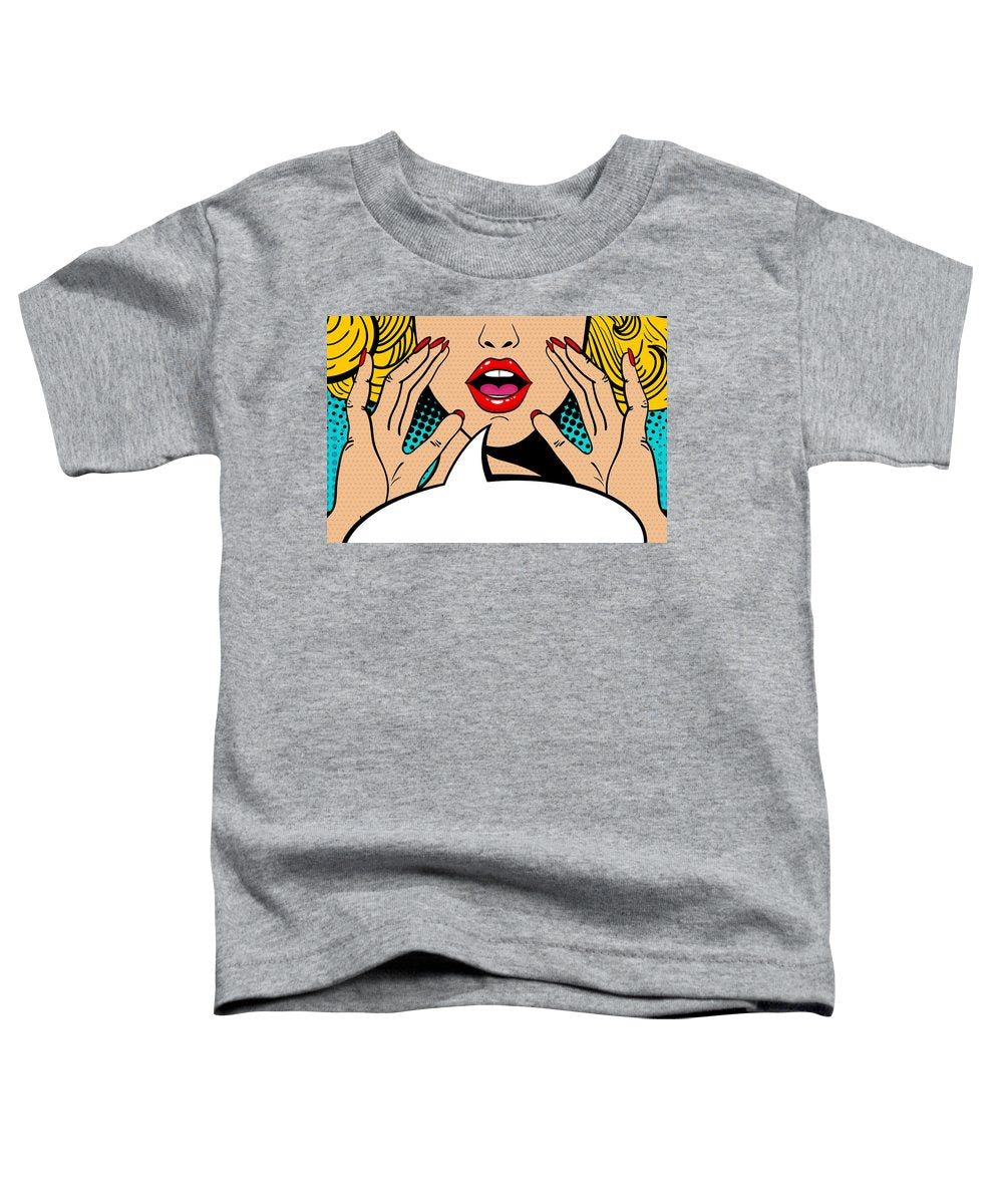 Sexy surprised blonde pop art woman with open mouth and rising hands screaming announcement. Vector background in comic retro pop art style. Party invitation. - Toddler T-Shirt