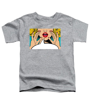 Sexy surprised blonde pop art woman with open mouth and rising hands screaming announcement. Vector background in comic retro pop art style. Party invitation. - Toddler T-Shirt