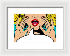 Sexy surprised blonde pop art woman with open mouth and rising hands screaming announcement. Vector background in comic retro pop art style. Party invitation. - Framed Print