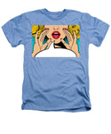 Sexy surprised blonde pop art woman with open mouth and rising hands screaming announcement. Vector background in comic retro pop art style. Party invitation. - Heathers T-Shirt
