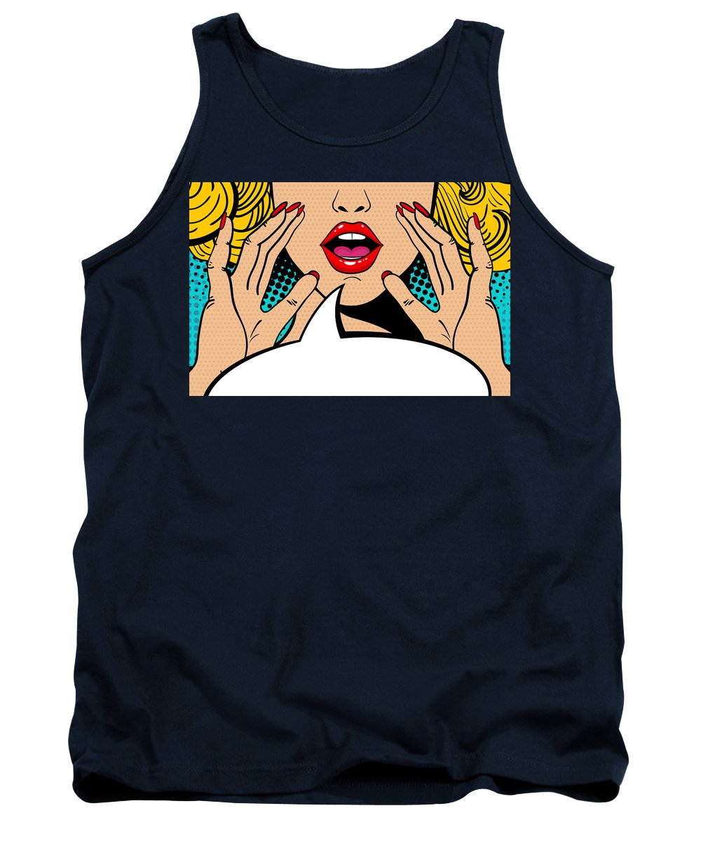 Sexy surprised blonde pop art woman with open mouth and rising hands screaming announcement. Vector background in comic retro pop art style. Party invitation. - Tank Top