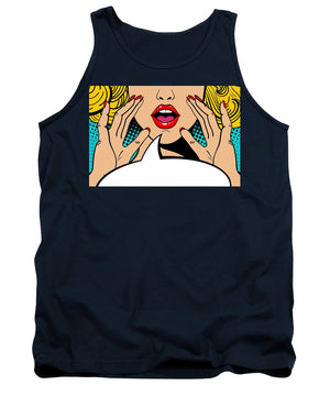 Sexy surprised blonde pop art woman with open mouth and rising hands screaming announcement. Vector background in comic retro pop art style. Party invitation. - Tank Top