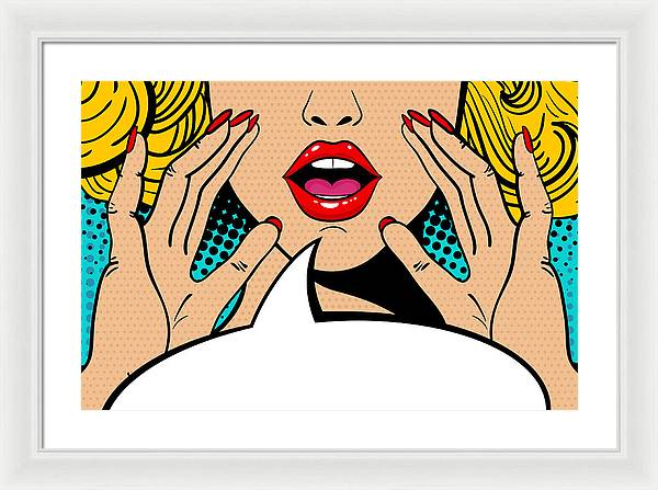 Sexy surprised blonde pop art woman with open mouth and rising hands screaming announcement. Vector background in comic retro pop art style. Party invitation. - Framed Print