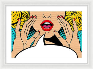 Sexy surprised blonde pop art woman with open mouth and rising hands screaming announcement. Vector background in comic retro pop art style. Party invitation. - Framed Print