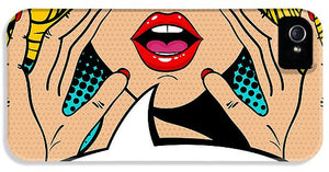 Sexy surprised blonde pop art woman with open mouth and rising hands screaming announcement. Vector background in comic retro pop art style. Party invitation. - Phone Case