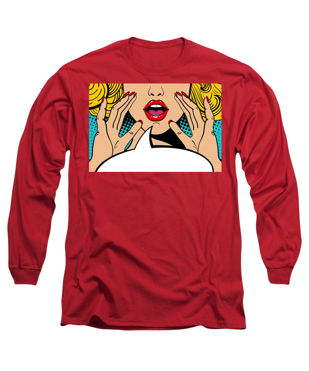 Sexy surprised blonde pop art woman with open mouth and rising hands screaming announcement. Vector background in comic retro pop art style. Party invitation. - Long Sleeve T-Shirt