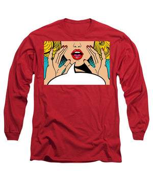 Sexy surprised blonde pop art woman with open mouth and rising hands screaming announcement. Vector background in comic retro pop art style. Party invitation. - Long Sleeve T-Shirt