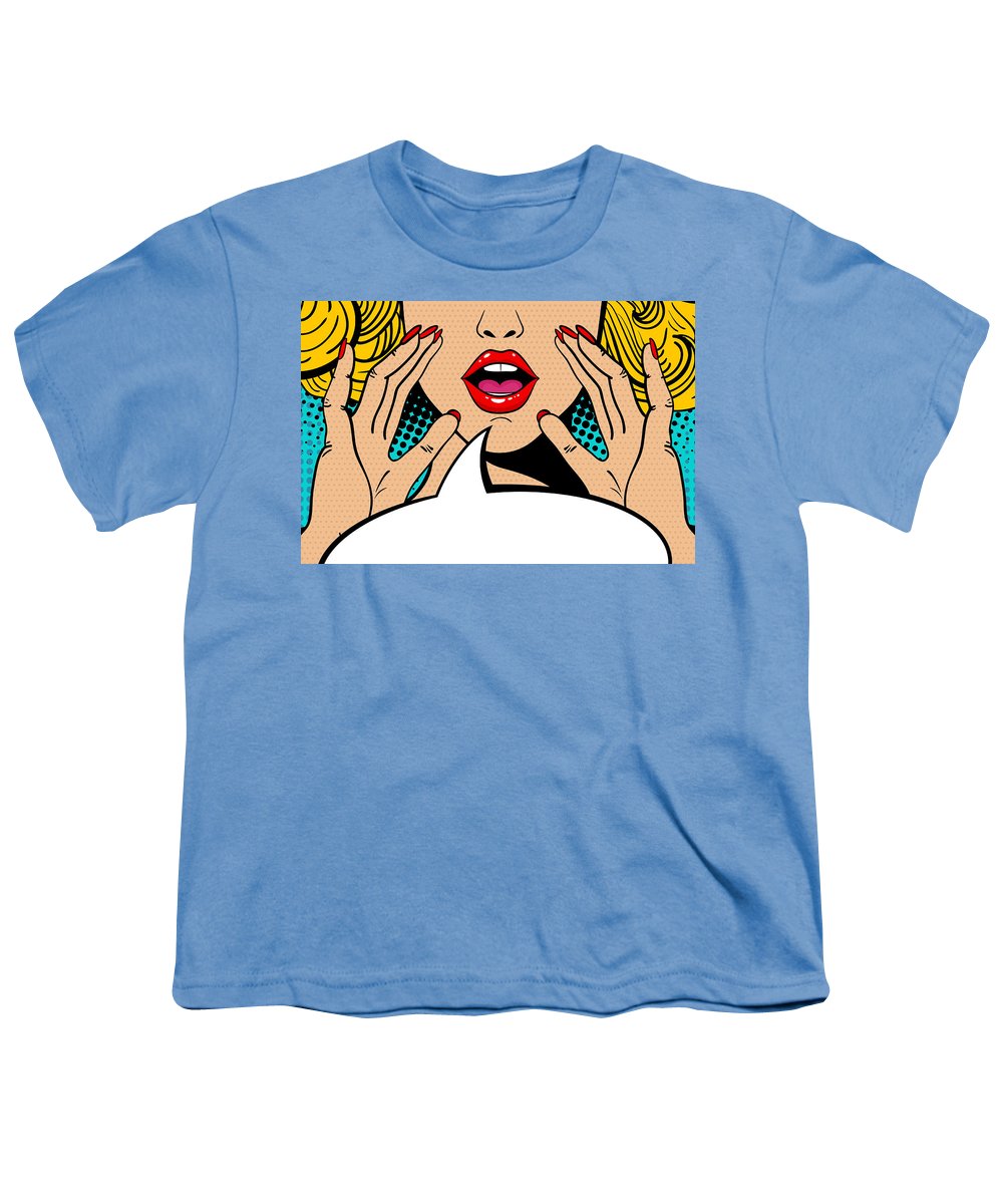 Sexy surprised blonde pop art woman with open mouth and rising hands screaming announcement. Vector background in comic retro pop art style. Party invitation. - Youth T-Shirt