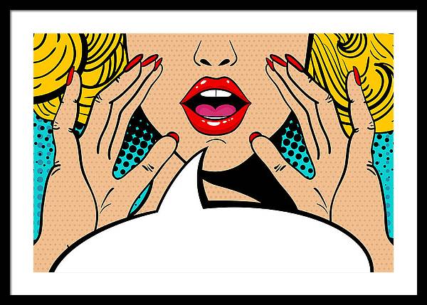 Sexy surprised blonde pop art woman with open mouth and rising hands screaming announcement. Vector background in comic retro pop art style. Party invitation. - Framed Print