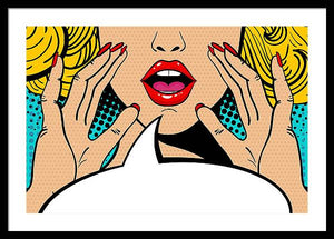 Sexy surprised blonde pop art woman with open mouth and rising hands screaming announcement. Vector background in comic retro pop art style. Party invitation. - Framed Print