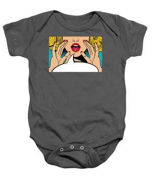 Sexy surprised blonde pop art woman with open mouth and rising hands screaming announcement. Vector background in comic retro pop art style. Party invitation. - Baby Onesie